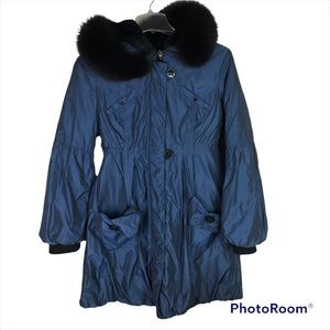 1 Madison blue midi dress coat with fox fur trim hood